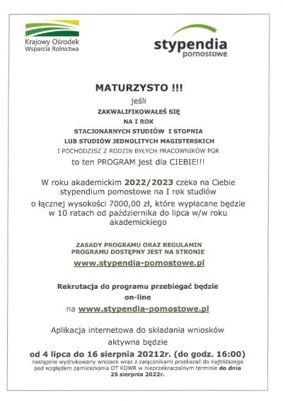 Plakat w sprawie stypendiów pomostowych